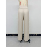 Beige Metal Buckle High Waist Wide Leg Pants For Women