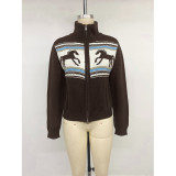 Western Horse Print Cropped Zip Knit Cardigan
