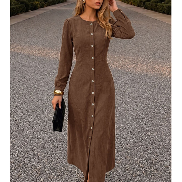 Brown Corduroy Button Front Midi Dress