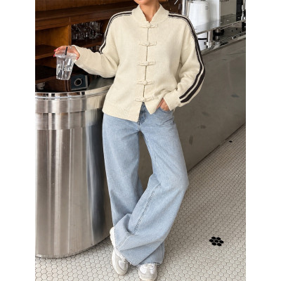 Women Striped Frog Button Knit Cardigan