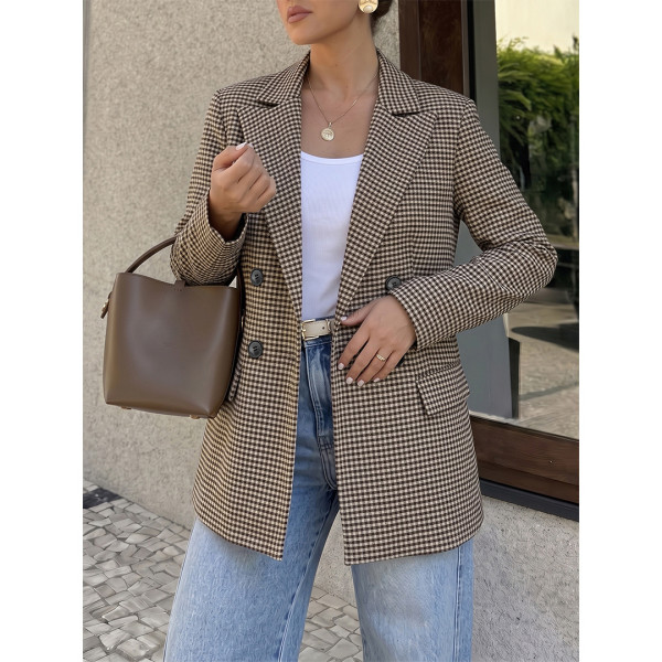 Women Plaid Double Breasted Blazer