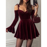 Velvet Off Shoulder Flare Sleeve Mini Party Dress