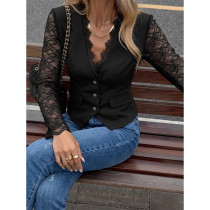 Women's V Neck Lace Long Sleeve Top