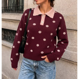 Polka Dot Contrast Collar Knit Polo Sweater