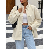 Cream Frog Button Stand Collar Loose Coat