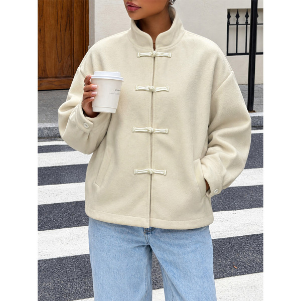Cream Frog Button Stand Collar Loose Coat