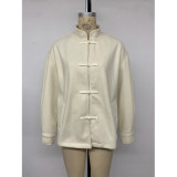 Cream Frog Button Stand Collar Loose Coat