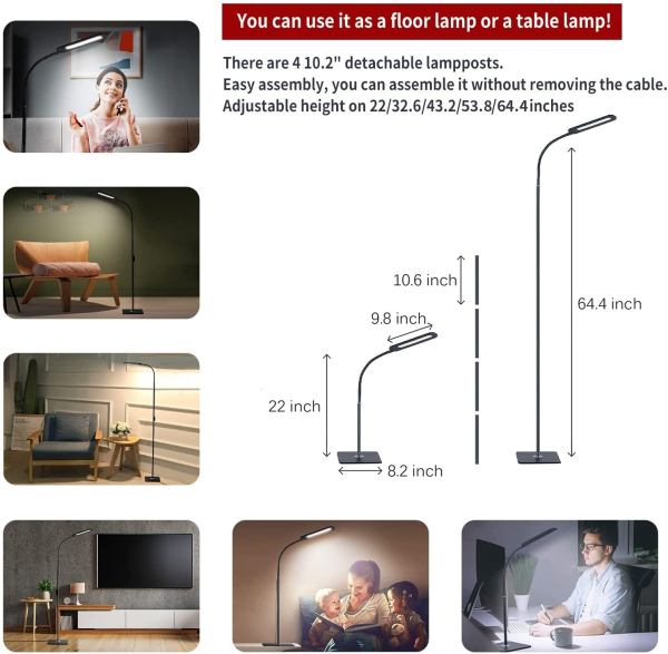 Detachable Lampposts rotatable 3 Color Temperature 5 Dimmer LED Floor Lamp for Living Room Bedroom Office reading standing lamp