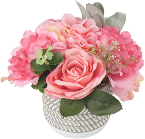 Large Artificial Potted Flower Shabby Shic Decoration Artificial Flowers Roses Hydrangeas Arrangements with Vase for Home Decor Artificial Flowers in Vase Farmhouse Decor Pink Faux Flowers in Vase