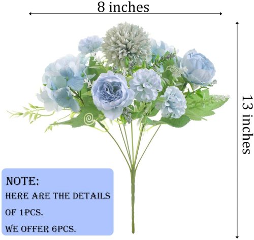 6 Pack Artificial Flowers, Fake Faux Peony Silk Hydrangea Plastic Carnations Daisy Realistic Flower Arrangements for Wedding Decoration Table Centerpieces, for Home Office Party Decor (Blue)