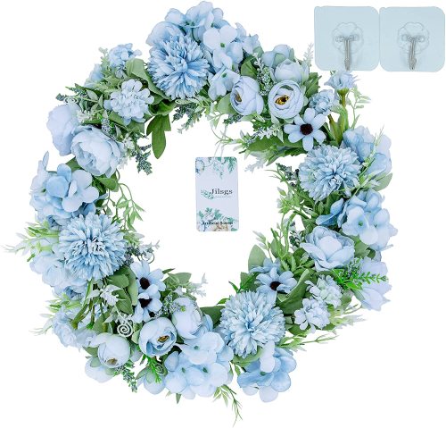 Wreaths for Front Door, Jilsgs 16 inch Fall Wreath for Front-Door, Wall Window Decor for Fake Peony Silk Hydrangea Wreath, Ideal Home/Indoor/Outdoor Party Decoration (Light Blue)