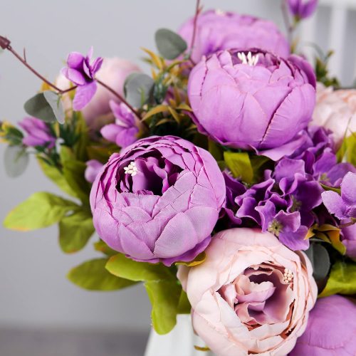 2 Bunches Purple Artificial Peonies Flowers, 12 Heads Faux Peony and Hydrangea Flowers for Decoration, Flores Artificiales para, for Wedding, Party Decor (New Purple)