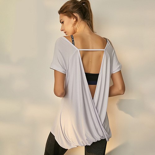 Comfortable Model Top Yoga Top Women Short Sleeve Cross Wrap Backless T-shirt Summer Thin Loose Sport Tee Gym Fitness Clothing