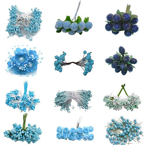 Mix Blue Artificial Flower Cherry Stamen Berries Bundle DIY Christmas Decoration Wedding Cake Gift Box Wreaths Xmas Decor