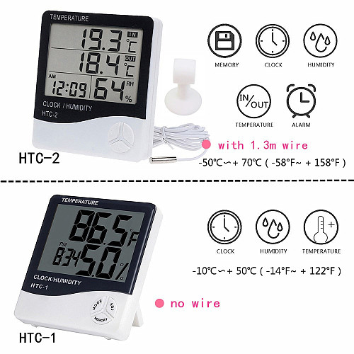LCD Electronic Digital Temperature Humidity Meter Indoor Outdoor Thermometer Hygrometer Weather Station Clock HTC-1 HTC-2