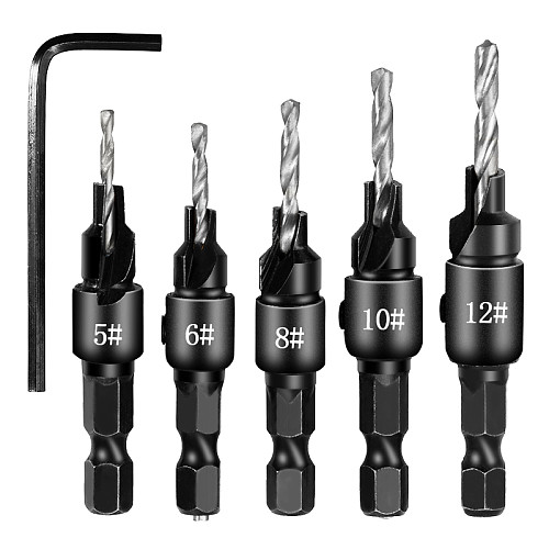 5pcs Woodworking Drill Bit Set Countersink Drill Drilling Pilot Holes for Screw Sizes #5 #6 #8 #10 #12 Metal Woodworking