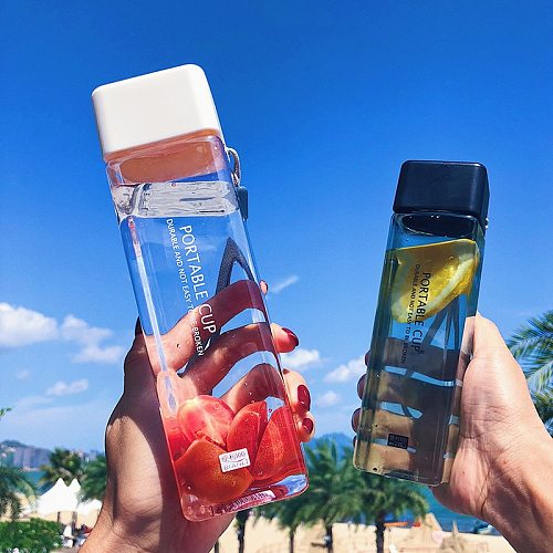 New 500ml Milk Fruit Water Cup Cute Square Tea For Water Bottles Drink With Rope Sport Heat Resistant Simple Transparent Cup