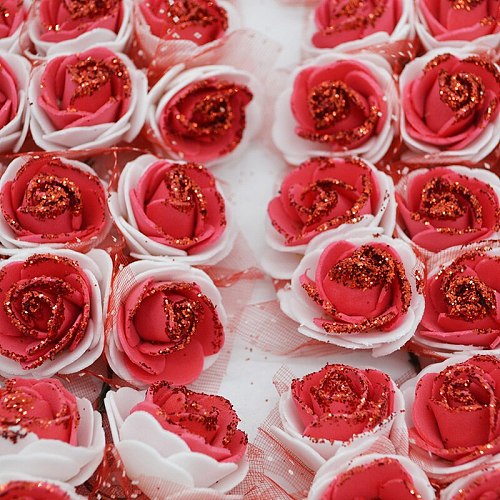 36Pcs/lot Double Color Mini PE Foam Rose Artificial Silk Flowers Head With Glitter Powder For Wedding Party Home Decor