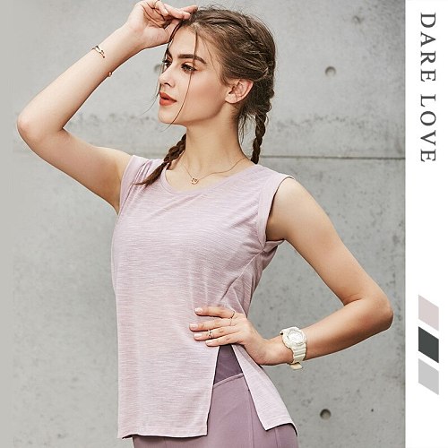 Female Fitness Sport Vest Women Anti-Sweat Loose Yoga Shirts Stripe Quick Dry O Neck Running Bottom Side Fork Opening Gym Top