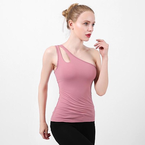 Women's One Shoulder Padded Sports Bra Cute Hollow Out Medium Support Workout Yoga Tank Top Sleeveless Sports Running Shirts