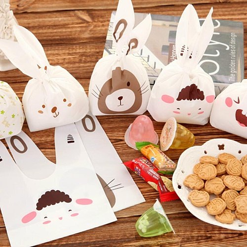 25pcs/lot Cute Rabbit Ear Cookie Candy Bags Self-Adhesive Plastic Bag For Biscuits Snack Baking Package Gift Bags