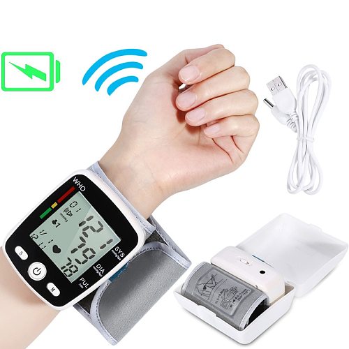 Tonometer Rechargeable BP Sphygmomanometer Blood Pressure Automatic LCD Wrist Blood Pressure Monitor Heart Beat Rate Pulse Meter