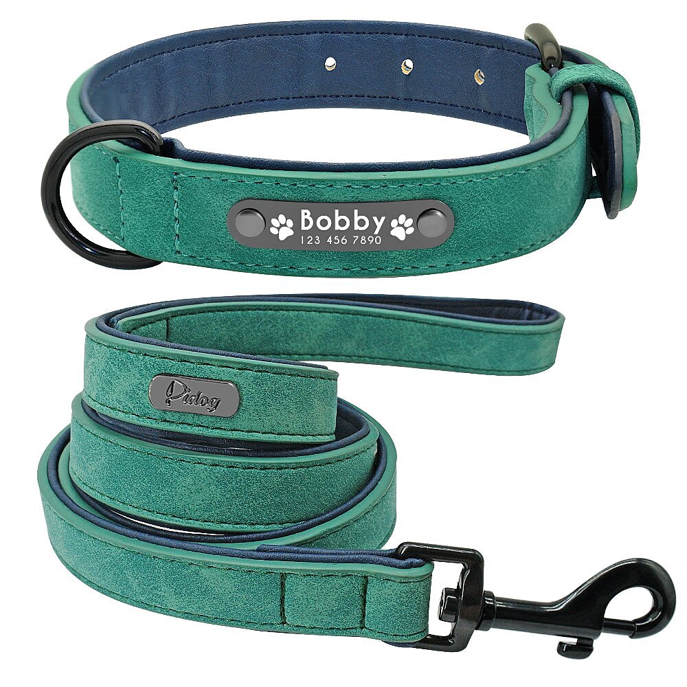 Personalized Dog Collar and Leash Leather Padded Customized Engraved
