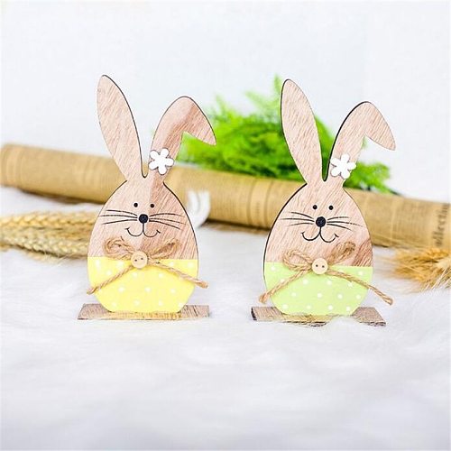 Easter Rabbit Wooden Desktop Decoration Wood Crafts Home Office Decors Cute Bunny Easter Ornaments Happy Easter Party Decor Gift