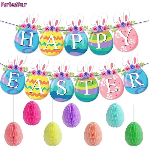 Easter Day Banner Bunting Egg Decor Happy Easter Banner Bunting Rabbit Bunny Egg Hanging Bunting Garland for Easter Home Decor