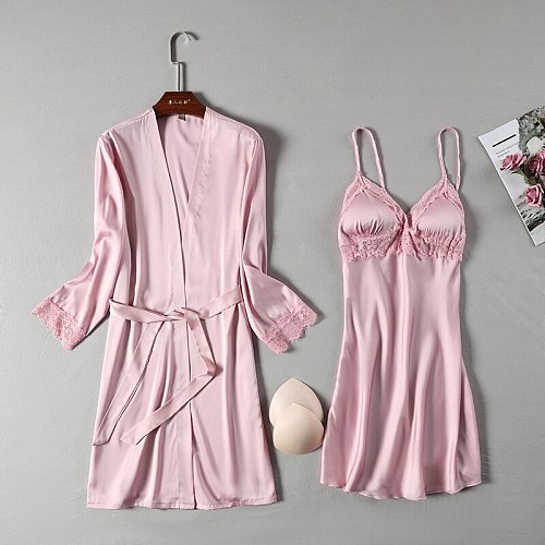 New 2PCS Nighty Bathrobe Strap Nightdress Lady Satin Lace Robe Gown Sets Summer Kimono Sleep Nightgown Home Wear Sleepwear