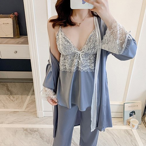 3PCS Pajamas Set Gray Womens Lace Sleep Suit V-Neck Robe Gown Strap Top Pants Kimono Sleepwear Lntimate Lingerie Nightgown