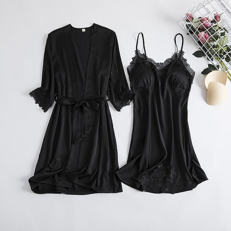 Spring New 2PCS Nighty Robe Gown Sets Sexy Womens Satin Bathrobe Nighty