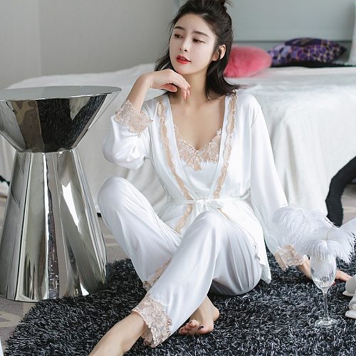 Sexy Women Pajamas Suit Lady Strap Top Pants Sleepwear Three Piece Nightgown Kimono Robe Home Wear Bath Gown Sets Nightdress