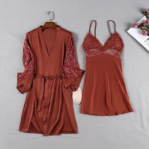 New 2PCS Robe Gown Sets Satin Lace Female Nighty Bathrobe Strap Nightdress Summer Kimono Sleep Nightgown Home Wear Sleepwear