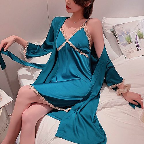 Sexy 2PCS Satin Lace Robe Gown Set Summer Womens Nighty Bathrobe Nightgown Sleep Suit With Chest Pads Home Wear Sleepwear