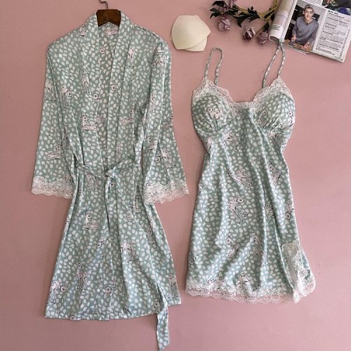 Summer 2PCS Robe Gown Sets Sexy Womens Satin Lace Nighty Bathrobe Nightgown Sleep Suit Casual Print Kimono Sleepwear Nightdress