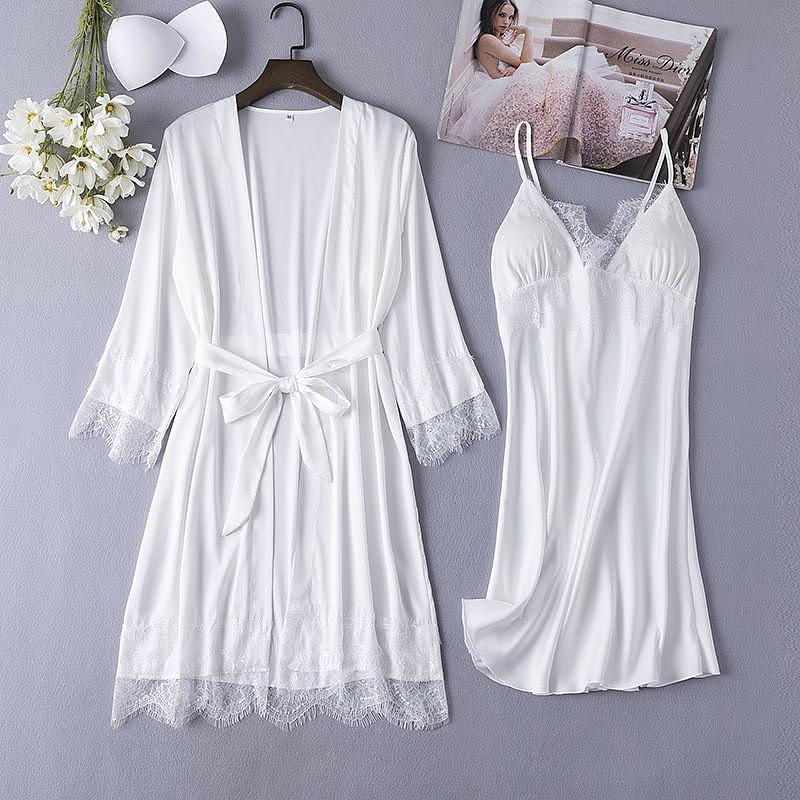 Spring New 2PCS Nighty Robe Gown Sets Sexy Womens Satin Bathrobe Nighty