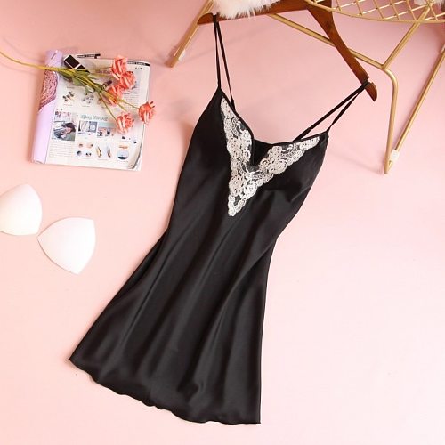Lace Strap Backless Nighty Gown Lady Satin Nightdress Summer Sleeveless With Chest Pads Nightgown Sleepshirt Lounge Sleep Dress