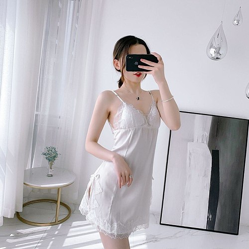 Women Spaghetti Strap Nightdress White Lace Trim Nightwear Summer Sexy V-Neck Backless Nightgown Sleepwear Sweet Bow Home Dress
