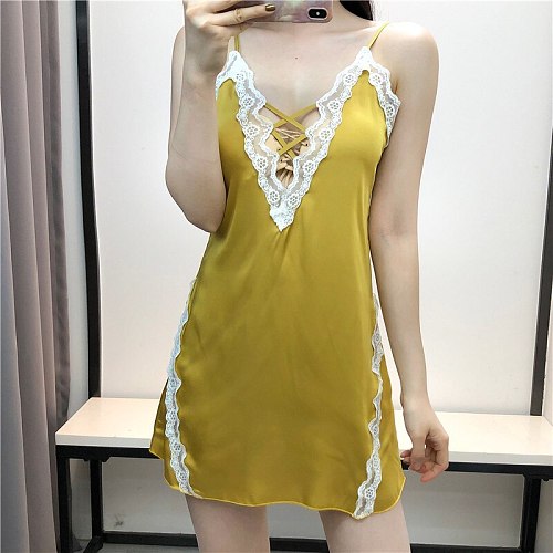Summer Rayon Strap Nightdress Women Sexy V-Neck Backless Nightgown Sweet Lace Trim Home Dress Casual Sleepwear Nighty Gown