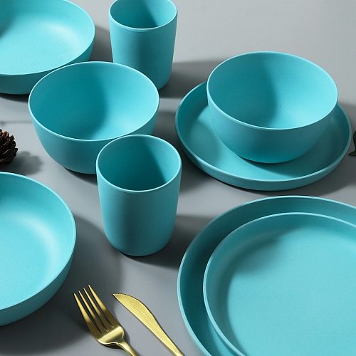 Bamboo Tableware Se 10PCS blue Bamboo fiber Plates salad Soup bowl Steak plate for camping picni party Mother's Day Gift