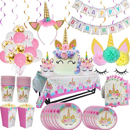 16 guests Rainbow Unicorn Birthday Supplies Set Kids Unicorn Disposable Plate/Cup/Tablecloth/Banner Baby Shower Wedding Decor