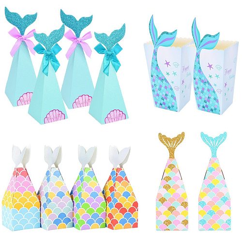 10Pcs Mermaid Tail Paper Candy Box Gift Bags Popcorn Boxes Kids Little Mermaid Birthday Party Decoration Baby Shower Supplies