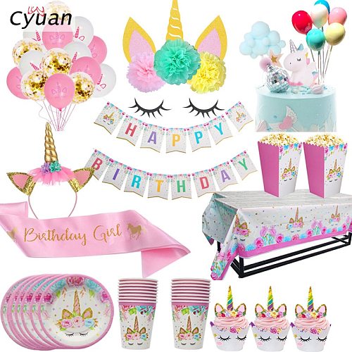 Unicorn Party Decor Disposable Tableware Kit Unicornio Party Paper Cup Plate Kids Birthday Party Decor Girl Baby Shower Supplies