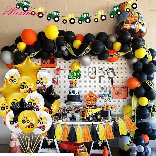 Construction Tractor Theme Excavator Inflatable Balloons Truck Vehicle Banners Baby Shower Kids Boys Birthday Party Supplies