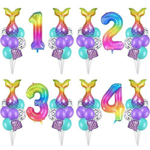 17Pcs/set Mermaid Tail Shell Balloons Rainbow Number Foil Balloon Kids Birthday Party Mermaid Party Decorations Helium Globos
