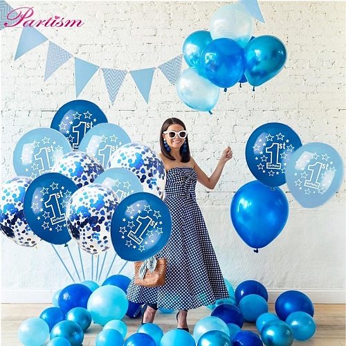 10PCS 1st Birthday Boy Girl Latex Balloons Confetti Set Pink& Blue Paper Banner Decorations For Kids Party Baby Shower Supplies