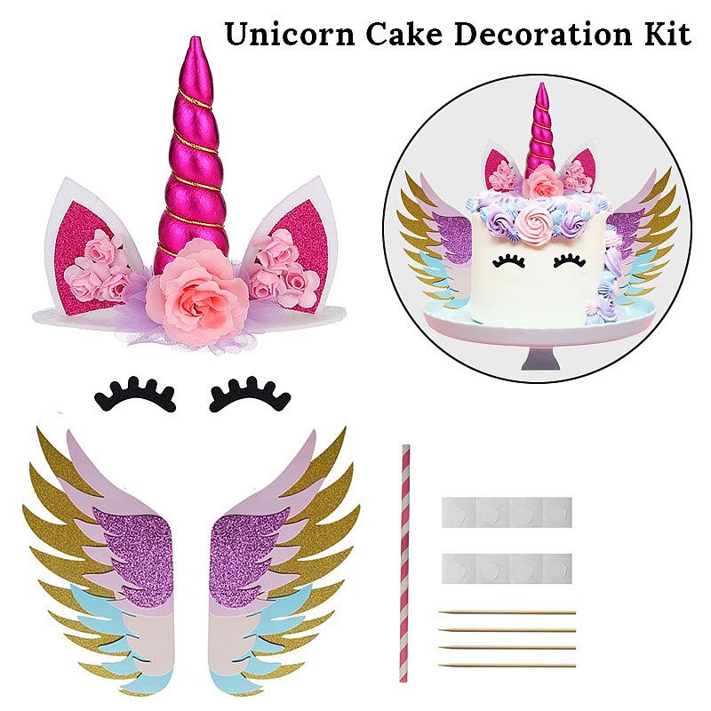 unicorn cake topper set gold glitter unicorn horn eyelashes with wings