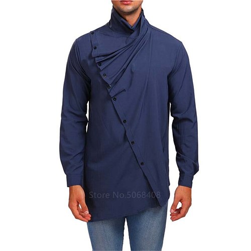 Muslim Men's Fashion Tailoring Solid Color Asymmetrical Pleated High Collar Oblique Placket Long Sleeve Shirt for Men Fashion