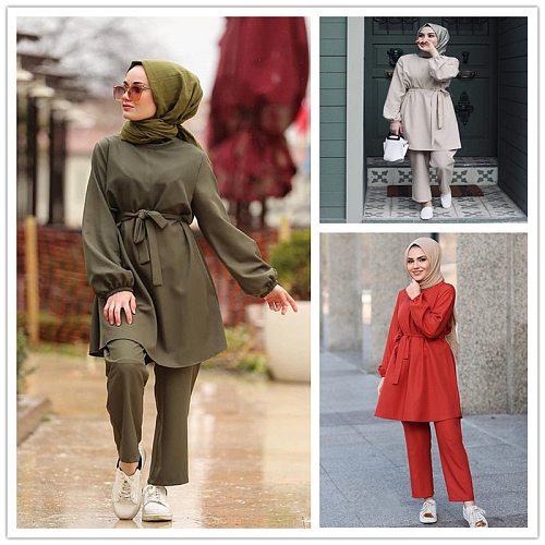 Two Piece Sets Tops and Pants Women Dubai Muslim Abaya Lace-up 2 Pieces Sets Kaftan Islam Turkish Islamic Clothing Dress Sets